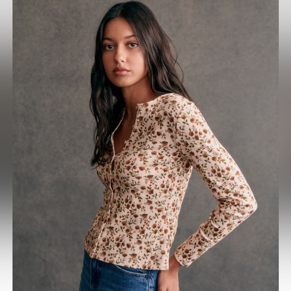 Sezane Lenie T-shirt Miranda Beige Print - Size 40 L EUC - Picture 2 of 10